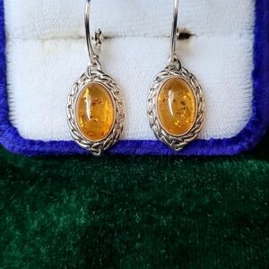 Elegant 925 Silver Oval Baltic Amber Leverback Drop Earrings 3.5cm Long